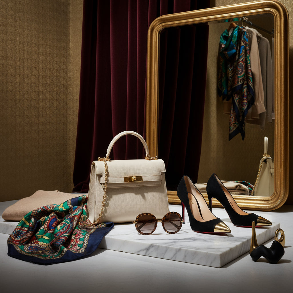White handbag, high heels, sunglasses, and a colorful scarf on a table with a mirror in the background.